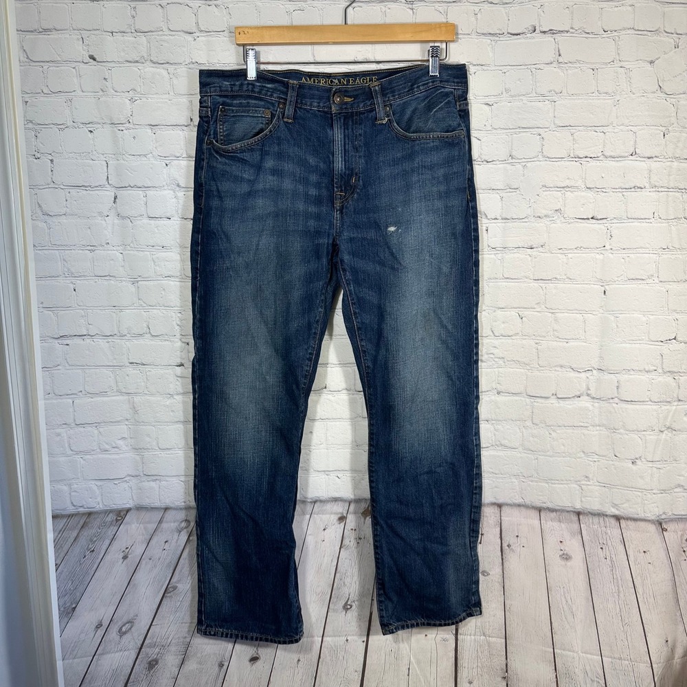 American Eagle Original Straight Jeans Mens 36x32 Blue Dark Wash Denim‎ Distress